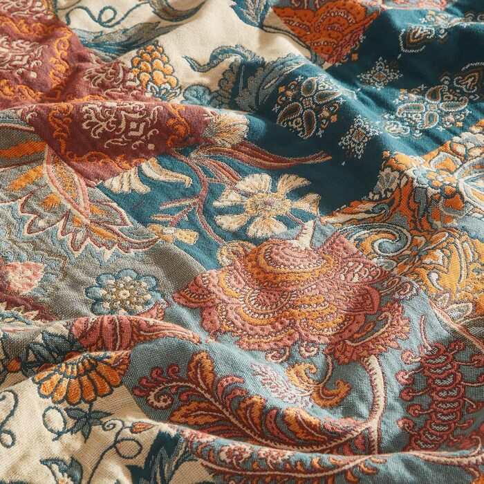 Богемна ковдра Boho Decke 100% бавовна – двостороння муслінова ковдра 150x200 см, м'яка ковдра для дивану та покривало на ліжко, естетичний дизайн, ідеально для вітальні та спальні, помаранчевий/зелений 150 x 200 см з квітковим візерунком