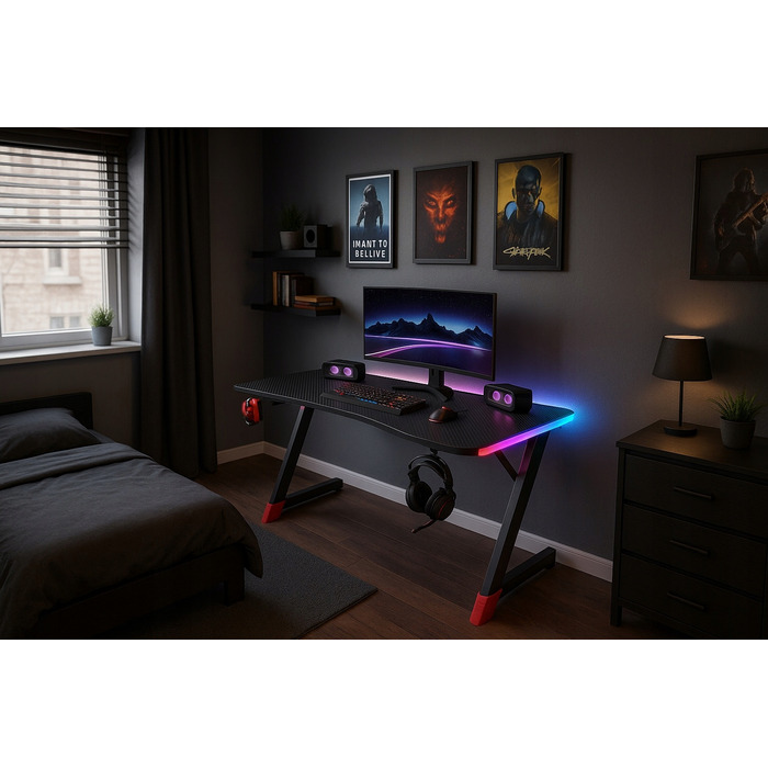 Ігровий комп'ютерний стіл з LED-підсвіткою, сучасний геймерський стіл, 140 см, чорний