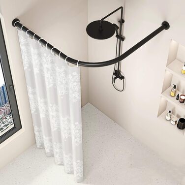 Штанга для душу без свердління, L-подібна, регульована, з нержавіючої сталі, для ванної кімнати та гардеробної (75-95 x 75-95 см) (Чорний, 75-95*90-130)