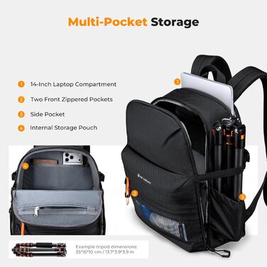 Фоторюкзак K&F Concept 25L для фотографа та відеографа: легкий, з дощовиком та знімними перегородками, відділення для штатива