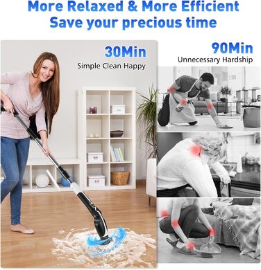 Електрична щітка для прибирання з 8 насадок, включаючи щітку для унітазу. 2 швидкості, регульована ручка для ванної, кухні, авто