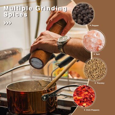 Дерев'яні соляні та перечні млини, 20 см, регульована ступінь помелу, ручні, з дуба, для кухні - набір 2 шт.