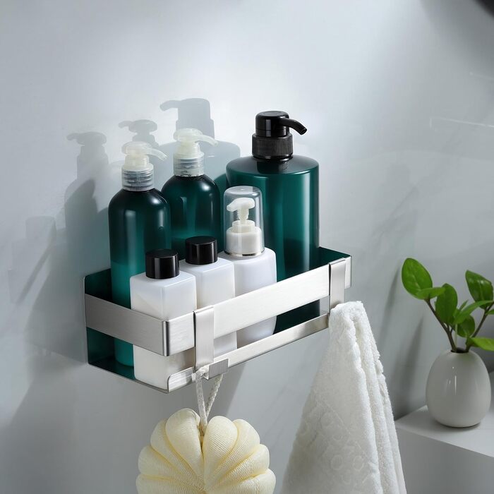 Поличка для душу YIGII без свердління, 3 шт. з нержавіючої сталі, органайзер для ванної кімнати, велика місткість, самоклеюча, з мильницею та 4 гачками, тримач для шампуню, сріблястий – 2 шт.