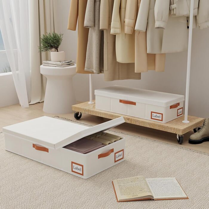 Yawinhe 2 Pack Under Bed Storage Drawers, Clothes Storage with Lid, Foldable Storage Bag with Handles, for Bedding, Blankets, Clothes, 60x30x15cm, Beige