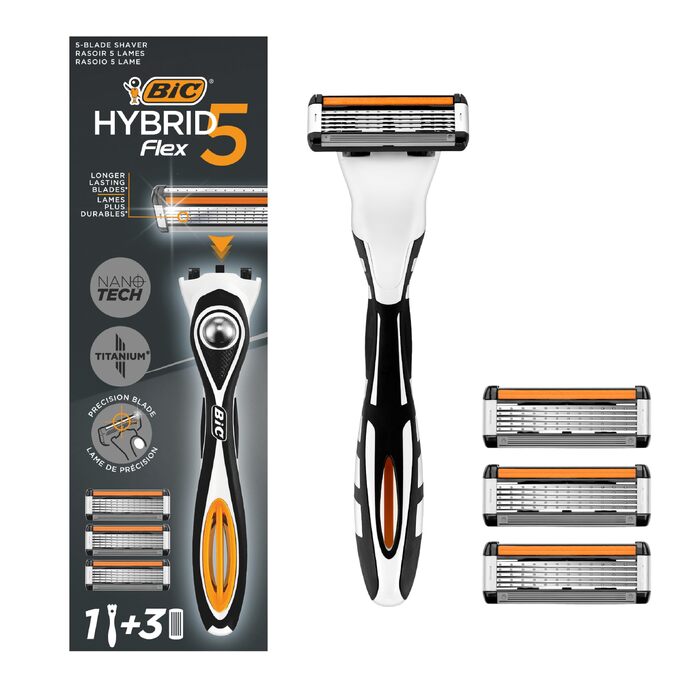 Чоловіча бритва BIC Hybrid 5 Flex, набір з 1 станка та 10 смінних касет (по 5 лез), з алое вера, вітаміном E та прецизійним тримером