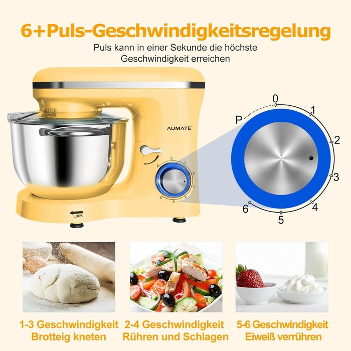 Кухонна машина AUMATE 1400 Вт, планетарний міксер з чашею 6,2 л, тістоміс з набором насадок (гак, вінчик, міксер), 6 швидкостей, лимонний колір