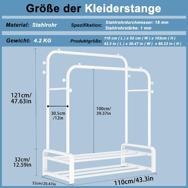 Freestanding clothes rack with double rod design, clothes hangers, 8 hooks, and 2 shoe shelves - Multifunctional wardrobe stand in white for the bedroom
