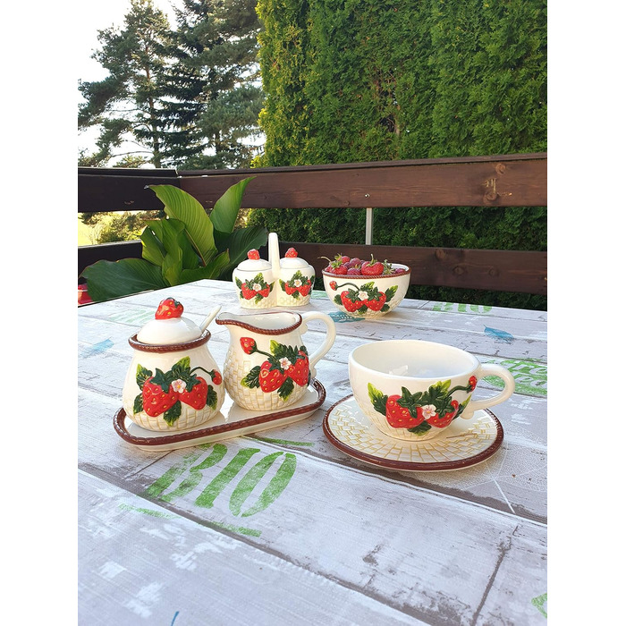 Dolomite coffee cup and saucer set with strawberry relief, size approximately 15.5 x 11 x 6.5 cm, cup with saucer, set of 6