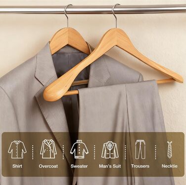 Дерев'яні вішалки для одягу 10 шт. – широкі плечики з натурального дерева, неслизькі та стабільні з перекладиною для штанів та 360° обертовим гачком, для костюмів, курток, сорочок та пальто, натуральне дерево