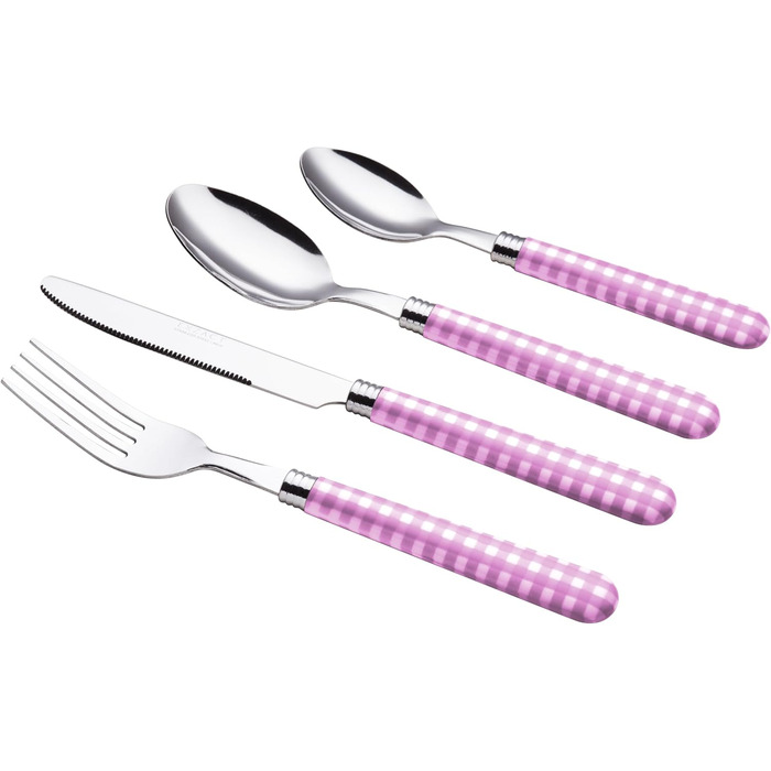 Набір столових приборів EXZACT з нержавіючої сталі, 24 штуки - ручки кольору гінгам - 6 виделок, 6 ножів, 6 ложок, 6 чайних ложок