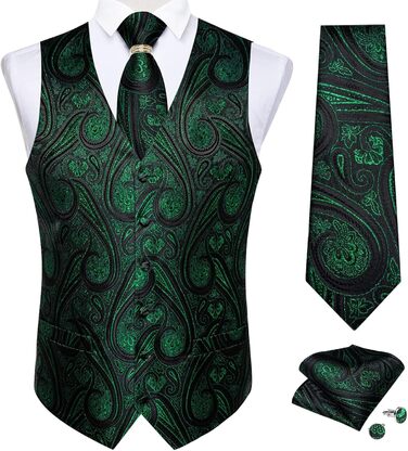 Костюмний жилет DiBanGu 5 шт. (жилет, краватка, нагрудна хустинка, запонки, кільце для краватки) XL, зелений/чорний
