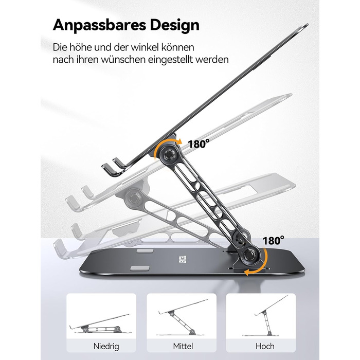 Підставка для ноутбука TECKNET, регульована по висоті, ергономічна, складна, портативна, з вентиляцією, сумісна з ноутбуками та планшетами 11-17.3 дюймів (чорна)