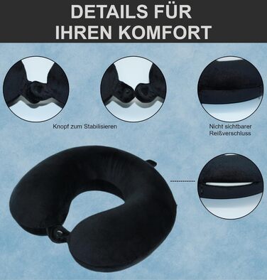 Подушка для шиї Essentials з піною з пам'яті (100%) - U-подібна, з м'яким велюровим чохлом - для подорожей, авто, літака, офісу та дому (Чорна)