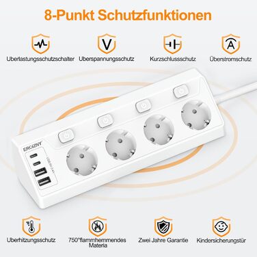 Мережева розетка з 2 USB-C (PD 20W) та 1 USB-A, трьохсекційна з вимикачем, захист від перенапруги, зручна для зберігання, розподільник для подорожей, кабель 1,5 м (кутова розетка)