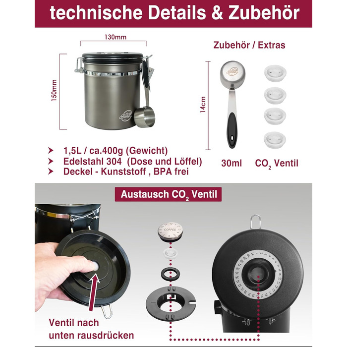 Контейнер для кави 500г з нержавіючої сталі з дозатором та календарем, 1,5L, Gun Metal