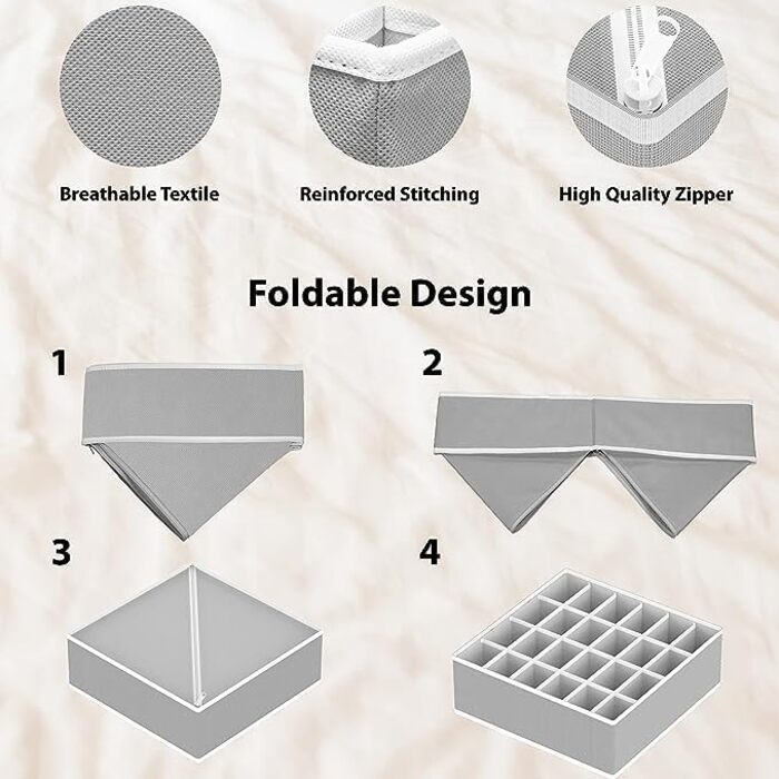 Styleys Set of 4 Foldable Storage Boxes, Drawer Dividers, Odorless Interior Lining, Storage Boxes, Closet Organizer, Under-Bed Organizer for Clothes, Shoes, Underwear, Bras (Gray - S1014)