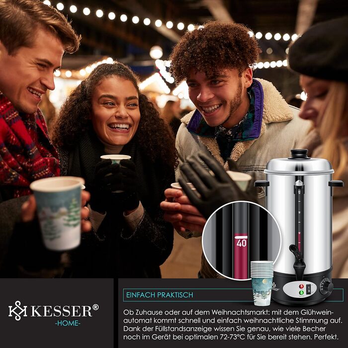 KESSER® Mulled Wine Boiler 8L Stainless Steel Incl. 10x Cups Mulled Wine Cooker with Thermostat Mulled Wine Dispenser Hot Beverage Dispenser Water Boiler Hot Water Dispenser Canning Machine Level Indicator Tap Black (20 Liter / Silver)