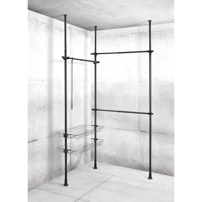 WENKO Telescopic System Hercules Duo, 3 Clothes Rails, 2 Storage Baskets, Extendable, Powder-Coated Metal, 164-215 x 165-300 x 38 cm, Matte Black