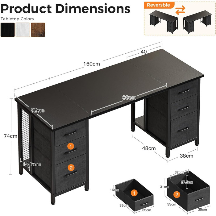 Комп'ютерний стіл Coleshome з 6 висувними ящиками, 160x52 см, з полицями для дому та офісу (чорний)