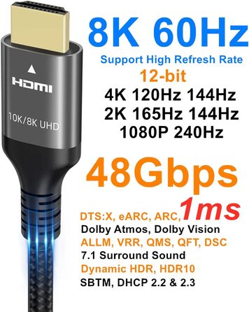 HDMI кабель Ubluker 48Gbps 2м, 8K 60Hz, 4K 240Hz, HDR10+, ARC, eARC, HDCP2.3, для PS5, Xbox, TV, PC, Roku, Netflix