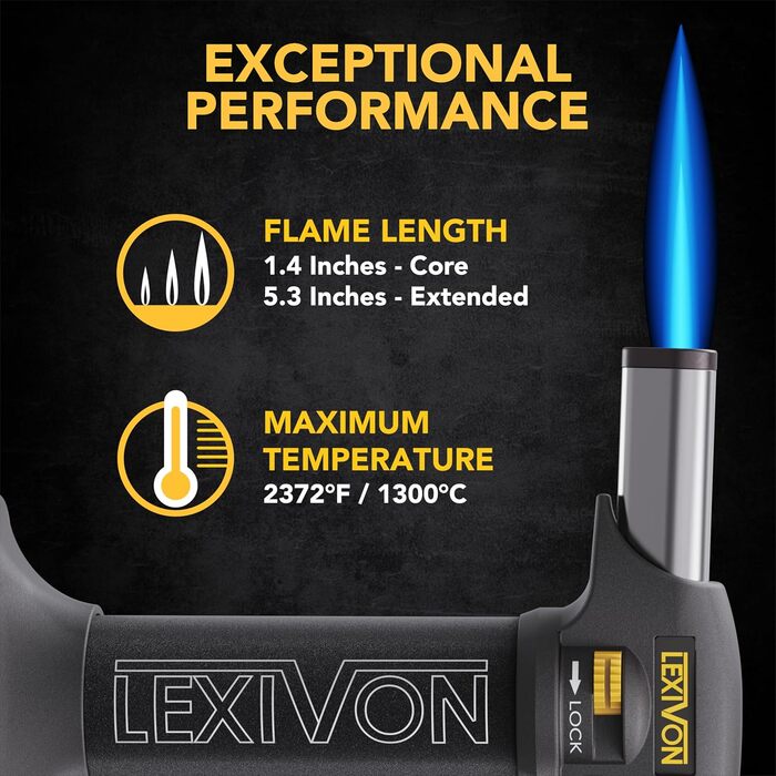 Газовий пальник LEXIVON LX-775 для кухні з дитячим замком та регульованим полум'ям | Пальник для крем-брюле та DIY | Алюмінієвий балон