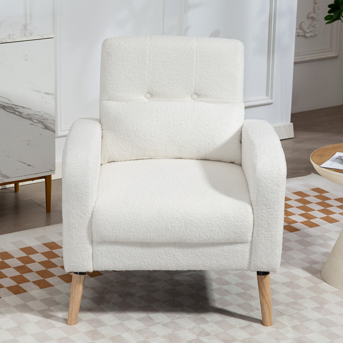 HOMCOM Lounge Chair, Armchair with Lumbar Pillow, Upholstered Armchair with Wooden Legs, Fleece Fabric, Reclining Single Chair for Living Room, Bedroom, White | Aosom