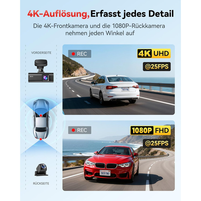 Автомобільний відеореєстратор REDTIGER F7N 4K з WiFi та GPS, передня камера 4K/2.5K, задня 1080P, кут 170°, моніторинг паркування, карта пам'яті 64ГБ у комплекті