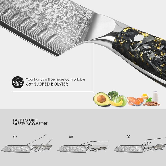 Японський ніж Santoku Kyushublade з дамаської сталі (67 шарів), з унікальною ручкою з карбону та золота, професійний кухонний ніж