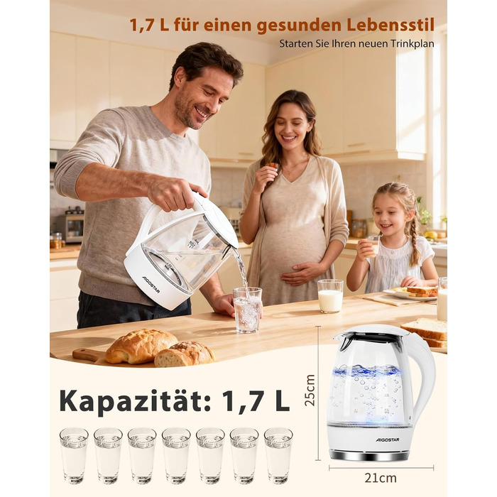 Електричний чайник Aigostar 1.7 л, 2200 Вт, зі скляною колбою, LED-підсвічуванням, без BPA, з фільтром від накипу, чорний (Eve)