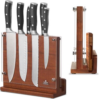 ENOKING Magnetic Knife Block without Knives with Transparent Acrylic Shield, High-Quality Magnetic Knife Holder, Natural Acacia Wood Knife Block with Double-Sided Strong Magnet for up to 12 Knives