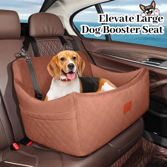 Wooaidagg Large Dog Car Seat - Memory Foam Bed for Medium & Large Dogs, Washable & Detachable, Includes 2 Leashes (Brown)