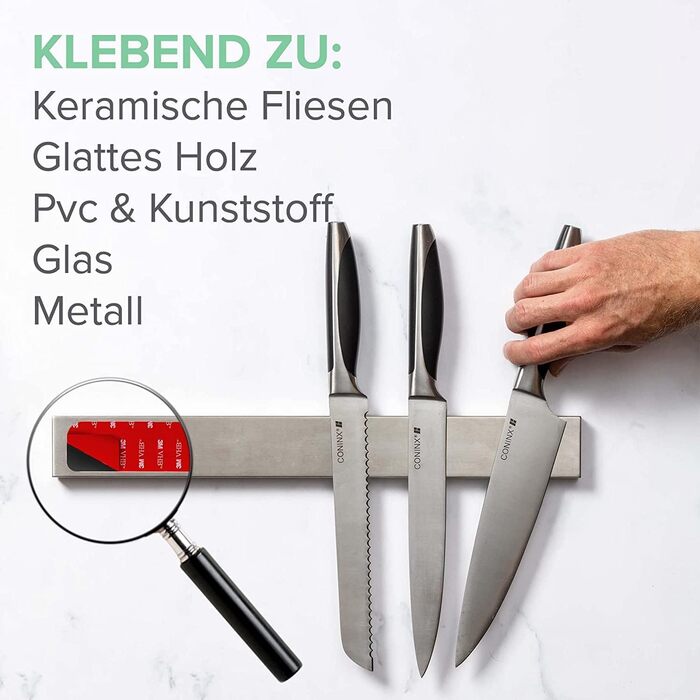 Coninx Magnetic Knife Strip 40cm with High Load Capacity | Magnetic Stainless Steel Knife Holder for Kitchen Knives | 1400 Gauss Magnet | Easy to Mount without Drilling | Beautifully Crafted with Rounded Corners