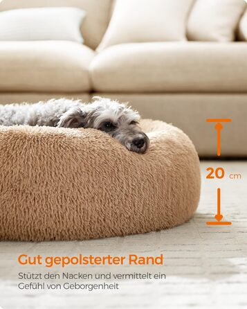 Крісло-лежанка для собак та котів Feandrea, м'яке, у вигляді подушки-донуту, 60 см, Ombré-Grey, знімний наповнювач, довгий плюш, 70x70x20 см, верблюжий колір
