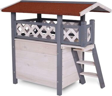 Кішковий будиночок Lionto з терасою та сходами, вуличний, сірий/білий, 77x50x73 см