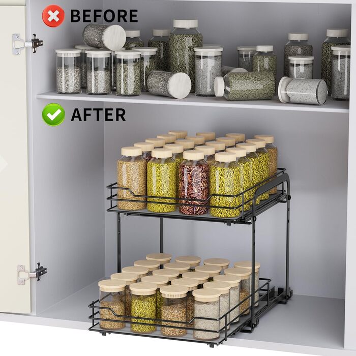 AIRUJIA Pull-Out Spice Rack, 2-Tier Dish Cabinet Organizer, Spice Rack Cabinet, Spice Rack, Lift-Up Bathroom Sink Shelf, Spice Organizer for Kitchen, L26.4*W23.2*H23CM