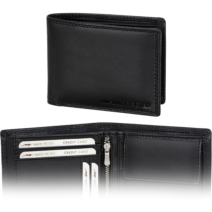 Marc Peter® Genuine Leather Wallet Hanover | Wallet for Men with RFID Protection | Large 10 Compartment Card Holder | Black Nappa Wallet