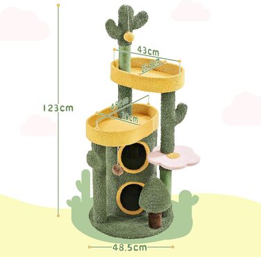 Дерево-кіготь для котів Yaheetech Kaktus, 123 см, оазис-тема, зелено-жовтий, для 2-3 котів, з 2 платформами та 2 печерами