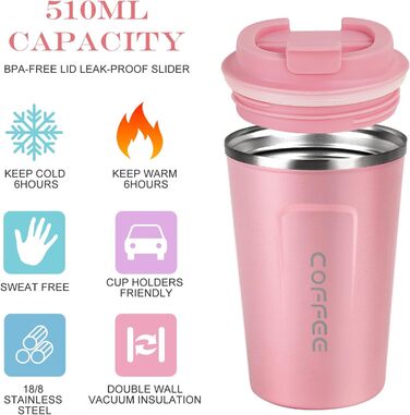Термокружка Flintronic 510 мл з подвійними стінками, з нержавіючої сталі, з кришкою, для кави та чаю (рожевий)