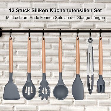 Набір кухонного приладдя Herogo, 12 шт. Силіконові кухонні помічники, кухонне кухонне приладдя з тримачем, стійке до високих температур, з дерев'яною ручкою, антипригарний лопатка – сірий