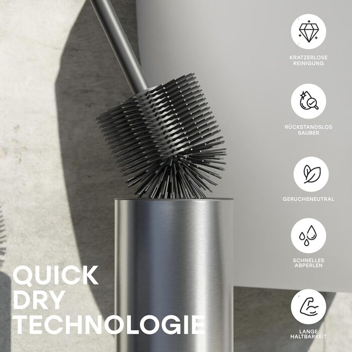 Торцева щітка для унітазу з нержавіючої сталі та силікону з дискретним тримачем. Антибактеріальна щітка для туалету з захистом від бризок (срібляста)