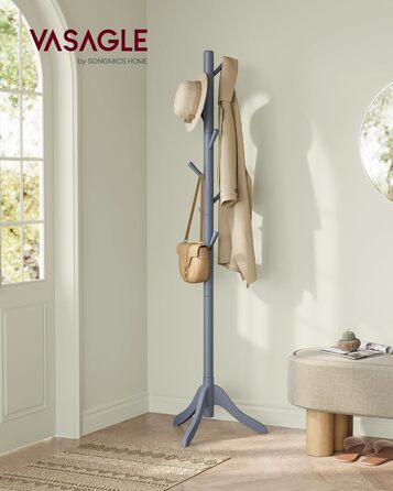 VASAGLE Coat Rack, Solid Wood Clothes Rack, Coat Stand with 8 Hooks, Tree Shape, 3 Adjustable Heights, for Coats, Jackets, Bags, for Entryway, Bedroom, Grey RCR01GY