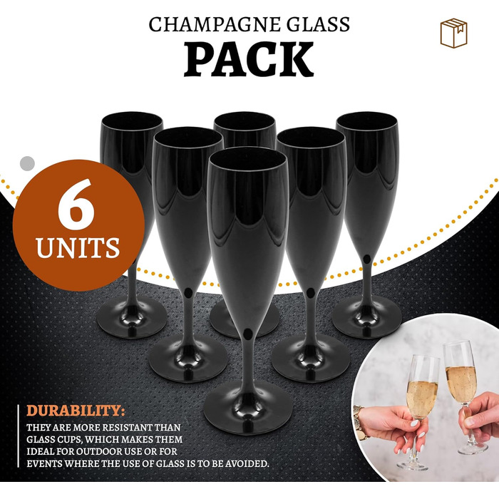DOJA Barcelona: Набір з 6 склянок для шампанського, 60 мл, чорний полікарбонат, багаторазові | 195x68x2 мм