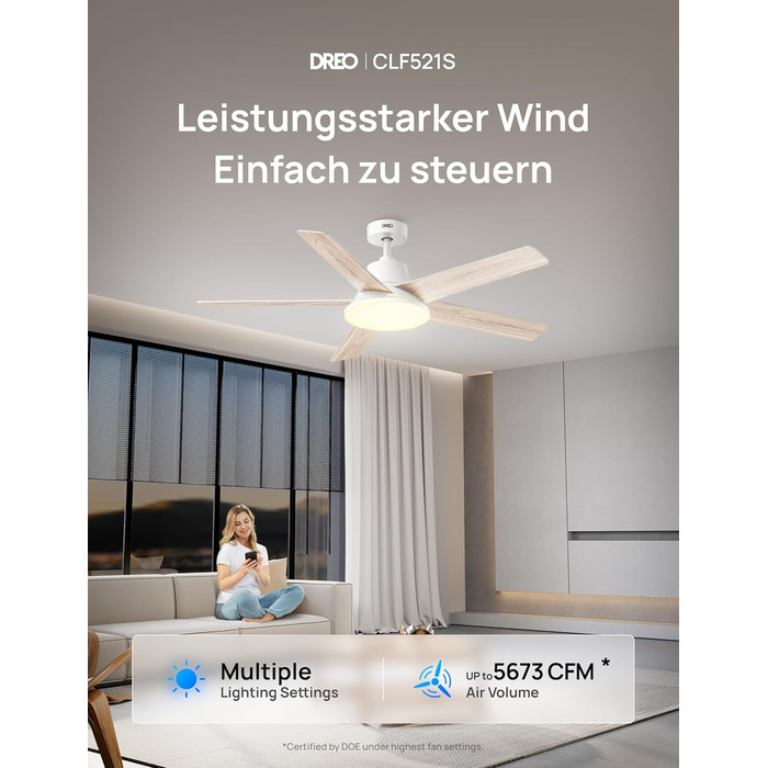 Дрео Смарт стельовий вентилятор з підсвічуванням, 132 см, 12 швидкостей, 3 режими, регульоване LED-підсвічування, тихий DC-двигун, 12H таймер, керування пульт/APP/Alexa, для дому, білий