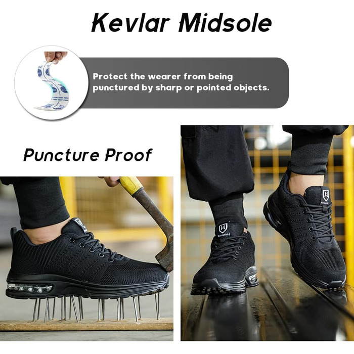 Легкі робочі черевики для чоловіків та жінок. Безпечні, спортивні, з металевим носком. Дихаючі робочі черевики, чорного кольору, розмір 42 EU.