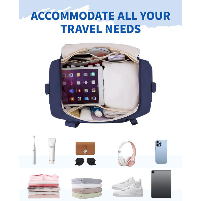 Спортивна сумка Wandf для ручної поклажі в літак (45x36x20 см) з відділенням для взуття та мокрих речей, для подорожей, спортзалу (блакитна)