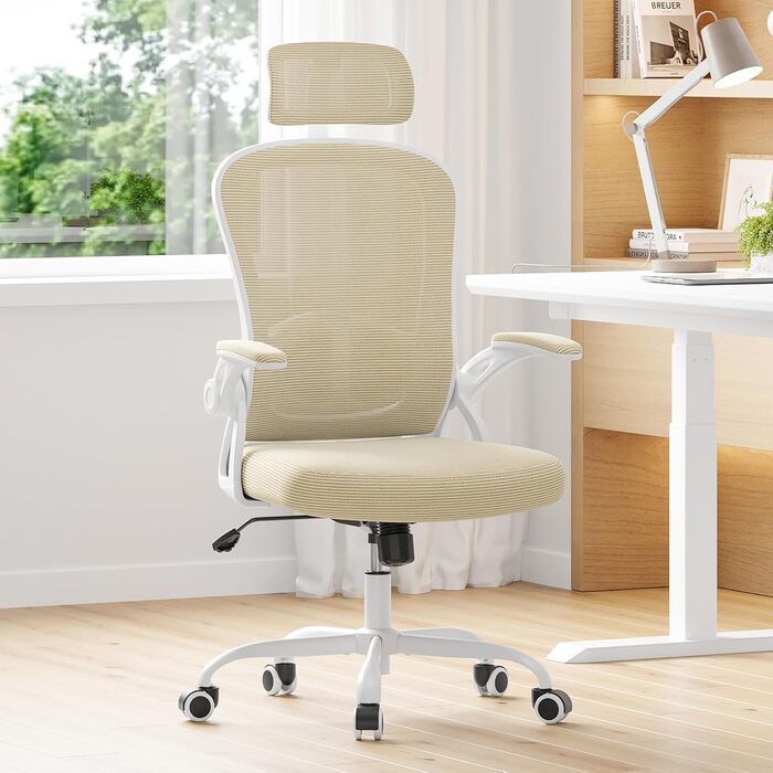 Ергономічне крісло Farini з регулюванням висоти, для офісу та дому, з підголівником, комп'ютерне крісло, до 150 кг, на роликах (білий-хакі)