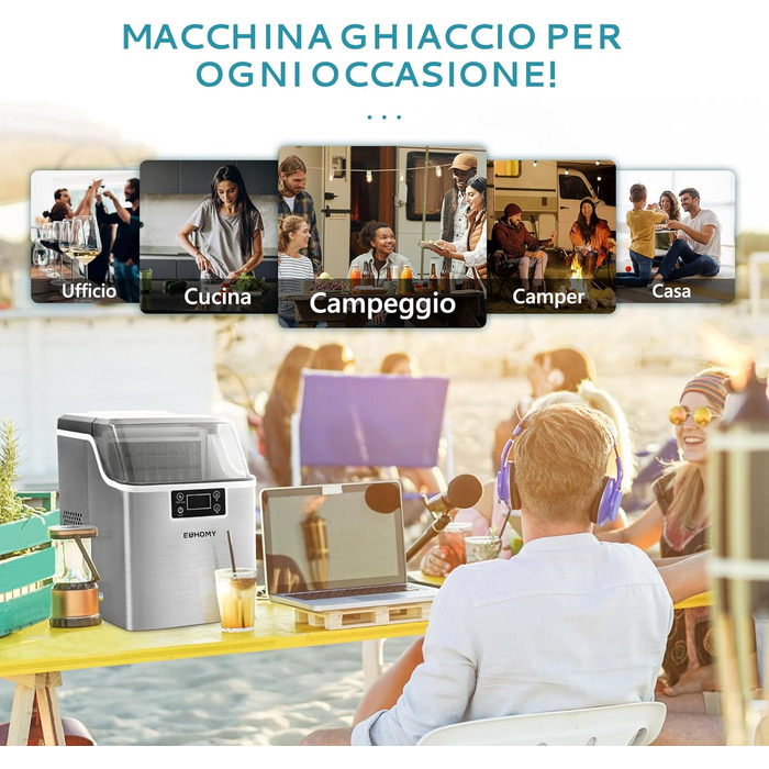 EUHOMY Stainless Steel Ice Maker - 24 Cubes in 13 Minutes - 24kg/24H Capacity - Self-Cleaning 3.2L Ice Maker with Scoop & Basket for Home, Kitchen, Office, Bar, RV