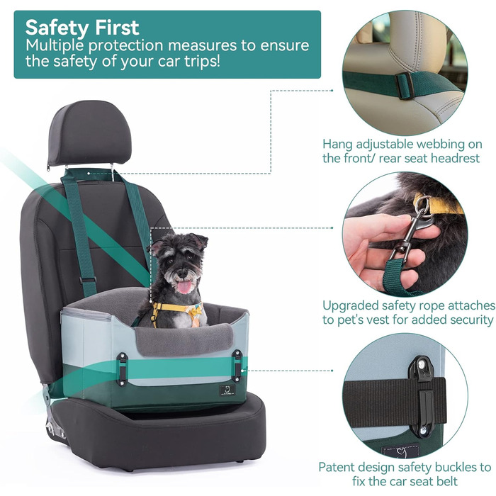 Автокрісло для собак, автокрісло для маленьких собак з ременями безпеки, підвищення для собак, складане, зелене