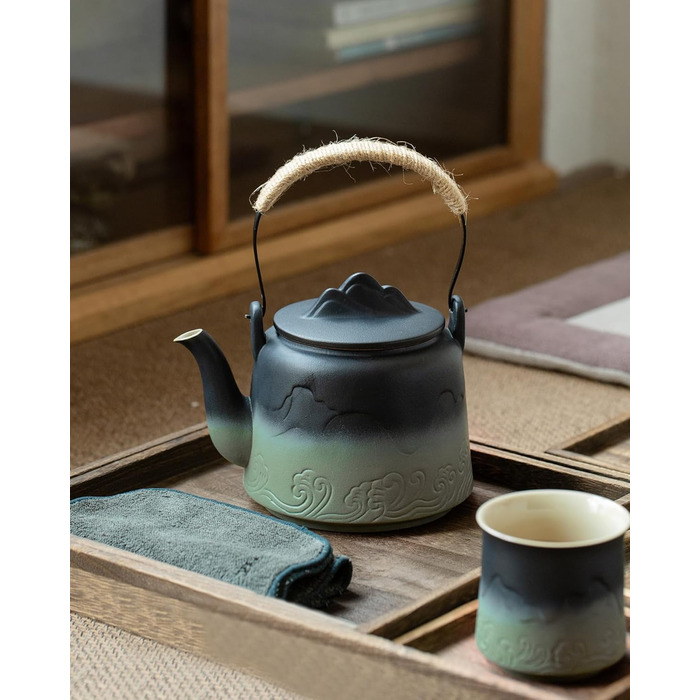ZENS Design Japanese Teapot, 1000ml Gradient Embossed Japanese Teapot Ceramic with Built-in Strainer and Hemp Rope Handle for Loose Tea Steeper, Gift for Tea Lovers, Black & Bean Green