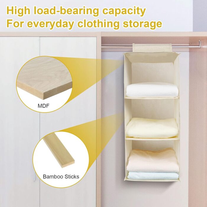 Органайзер для шафи AiQInu з 3 відділеннями, бамбуковий, бежевий (Medium)